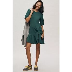 Daily Practice Emerald Drop Waist Mini T-Shirt Dress Ruffle Hem Bow Detail
